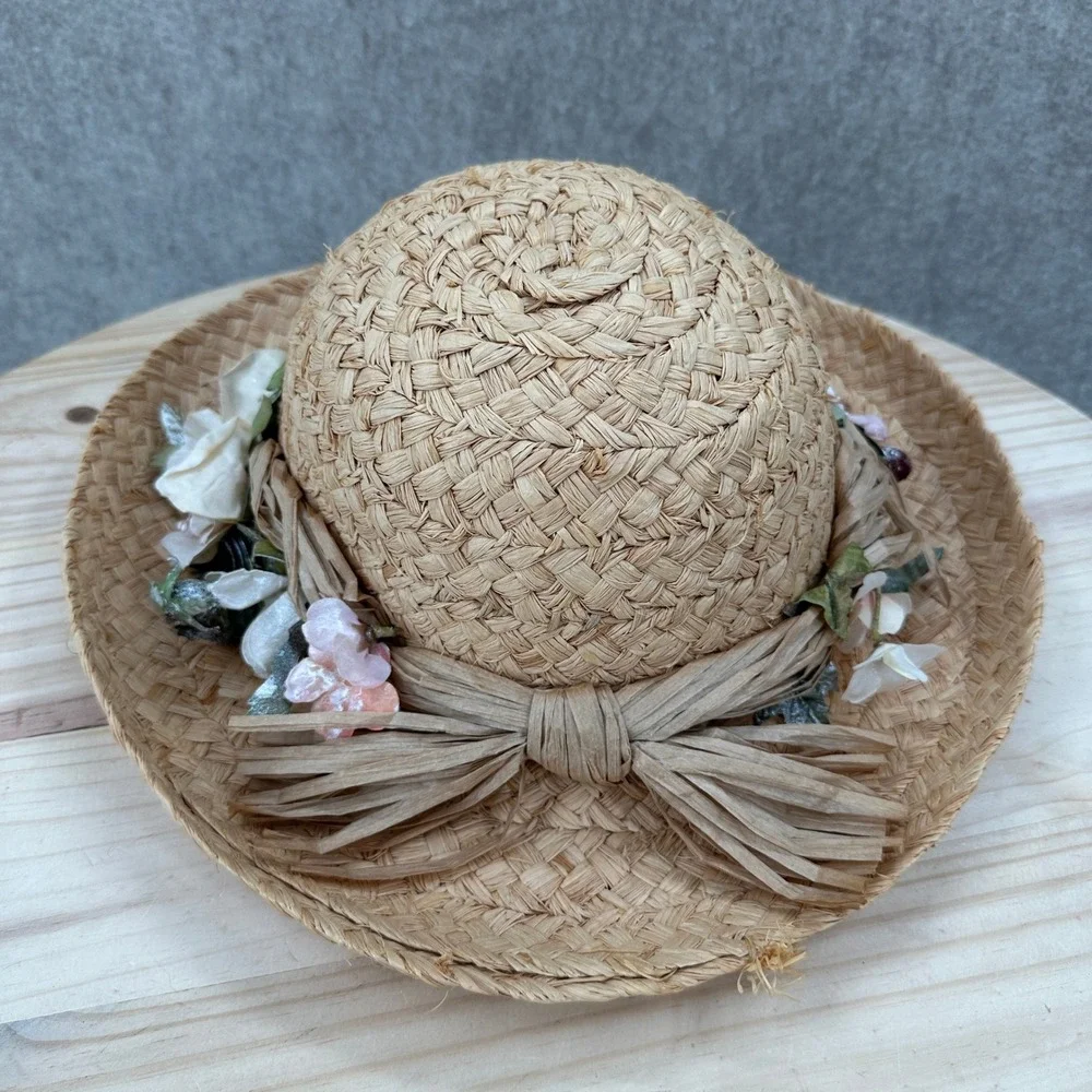 Cappelli Straw Sun Hat OS Tan Floral Raffia Bow Wide Brim Beach Hat Flowers